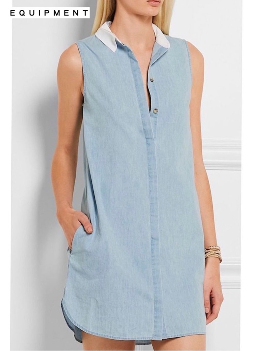 Equipment Lanie Denim Mini Shirt Dress XS Cotton Chambray Sleeveless Silk Collar